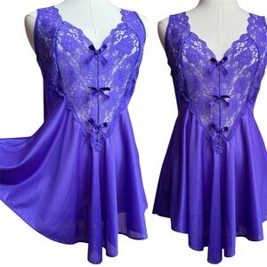 Vintage 90’s Adonna Purple Lace Bow V Shaped Skirt Lingerie Nightie Dress Medium